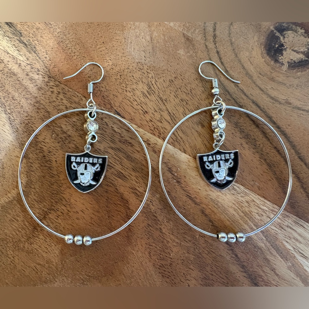 2” hoop Las Vegas Raiders Football Silver Tone Hoop Dangle Earrings